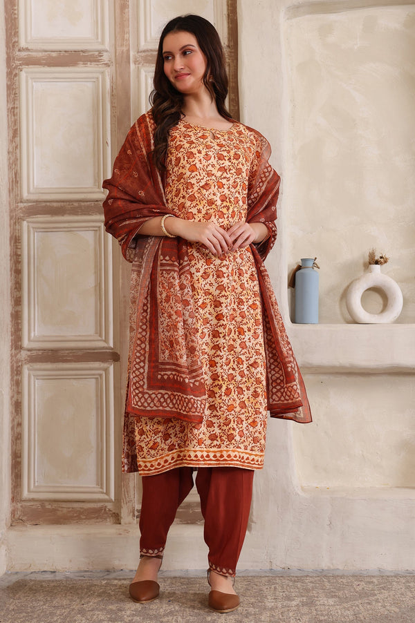 Aurelia Brown Floral Printed Sequinned Straight Kurta, Salwar and Dupatta Set