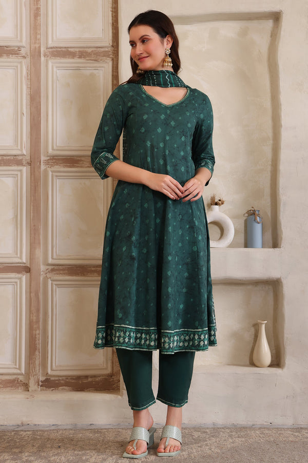 Aurelia Green Printed Sequinned Flared Cotton Kurta, Trouser and Dupatta Set