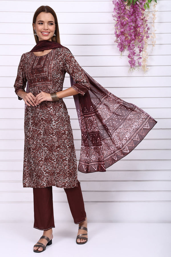 Brown Batik Printed Sequins Modal Straight Kurta, Trousers and Dupatta Set