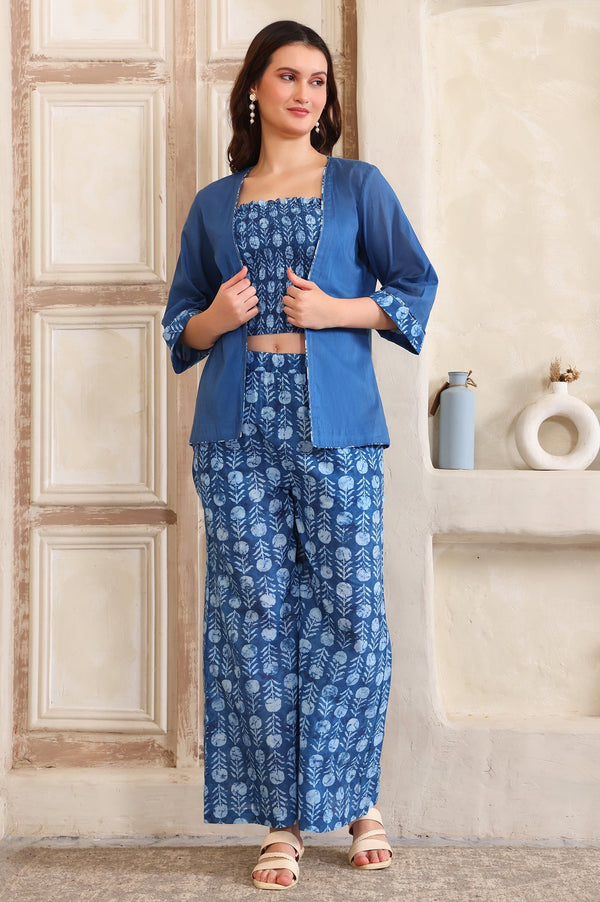 Aurelia Blue Printed Thread Embroidered Straight Cotton Spaghetti Top, Jacket and Palazzo Set