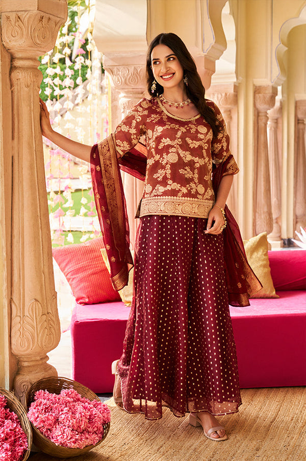 Maroon Dyed Printed Lace Jaquard Straight Kurti, Palazzo and Dupatta Set