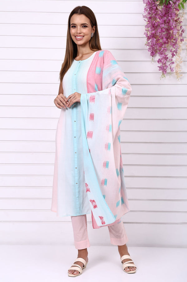 Pink and Blue Ombre Pintuck Cotton Rayon A-line Kurta, Trouser and Dupatta Set