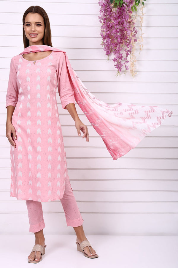 Pink Geometric Printed Yarn Dyed Straight Kurta, Trousers and Dupatta Set