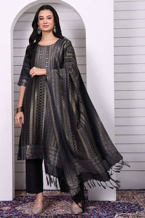 Black Geometric Printed Hand Work Jacquard Straight Kurta, Palazzo and Dupatta Set