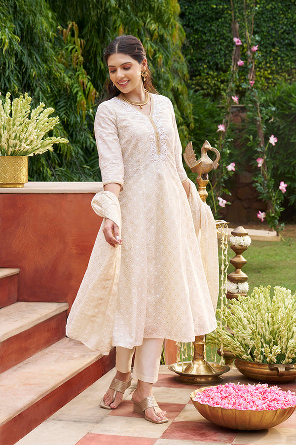 Beige Foil Printed Sequinned A-Line Kurta, Pant and Stole Set