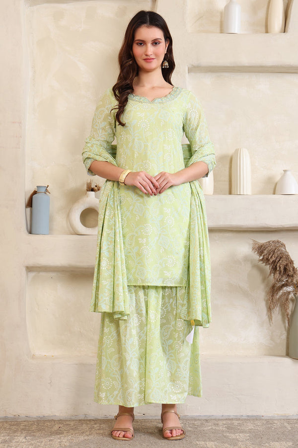 Aurelia Green Foil Printed Zari Embroidered Straight Pure Cotton Kurta and Sharara Set