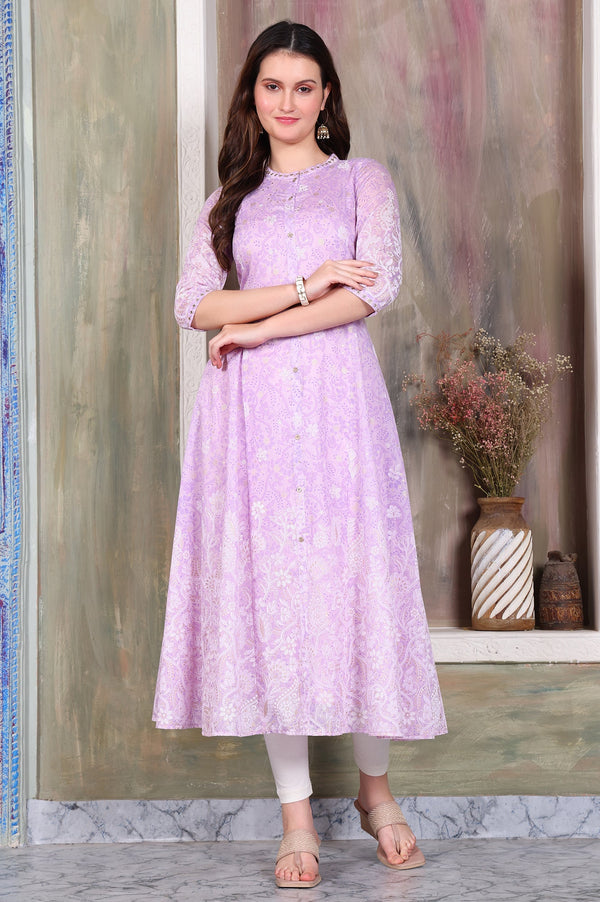 Aurelia Lavender Foil Printed Zari Embroidered Anarkali Cotton Kurta and Legging Set
