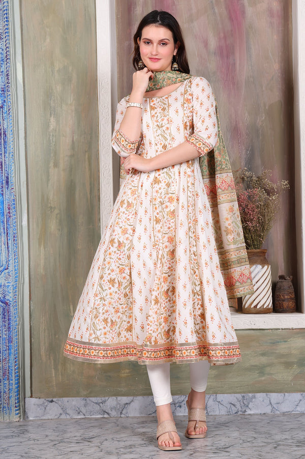 Off White Floral Printed Tape Embellished Anarkali Cotton Kurta, Leggings and Dupatta Set