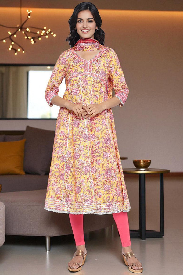 Yellow Floral Printed Lace Pure Cotton Kurta, Legging and Stole Set