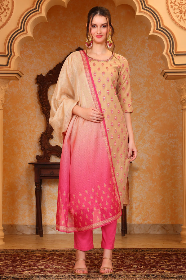 Pink Ethnic Motifs Beads Embroidered Straight Jacquard Kurta, Trouser and Dupatta Set