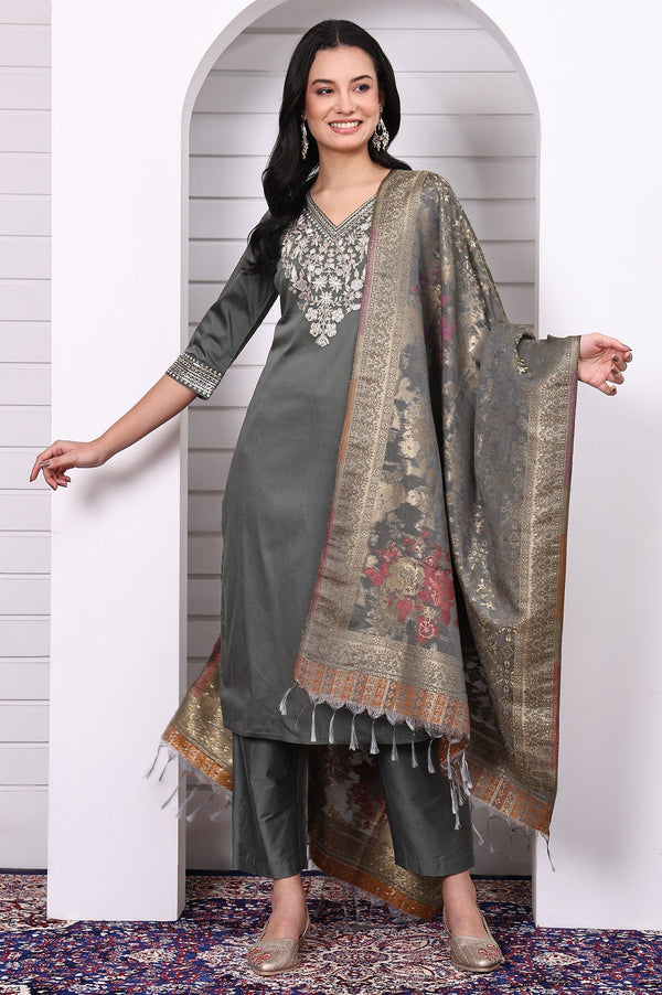 Green Zari Embroidered Rayon Straight Kurta, Palazzo and Dupatta Set