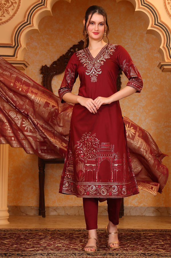 Red Foil Printed Zari Embroiered A-line Festive Kurta, Trousers and Dupatta Set