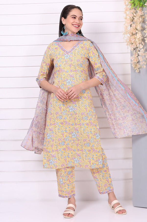 Yellow Floral Printed Straight Pure Cotton Kurta, Pants and Dupatta Set