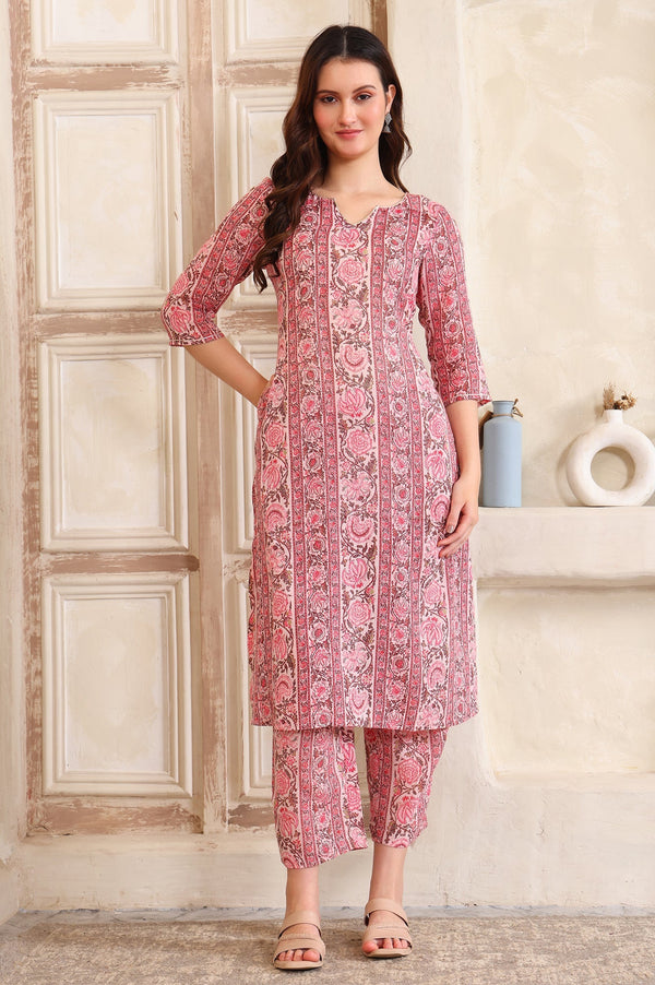 Pink Floral Printed Tape A-line Pure Cotton Kurta and Pant Co-ord Set