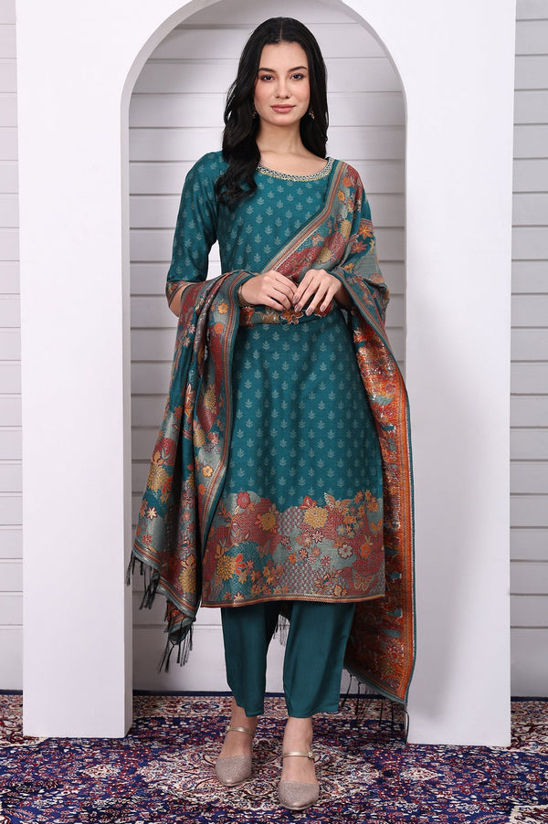 Green Floral Printed Hand Work Jacquard Straight Kurta, Palazzo and Dupatta Set