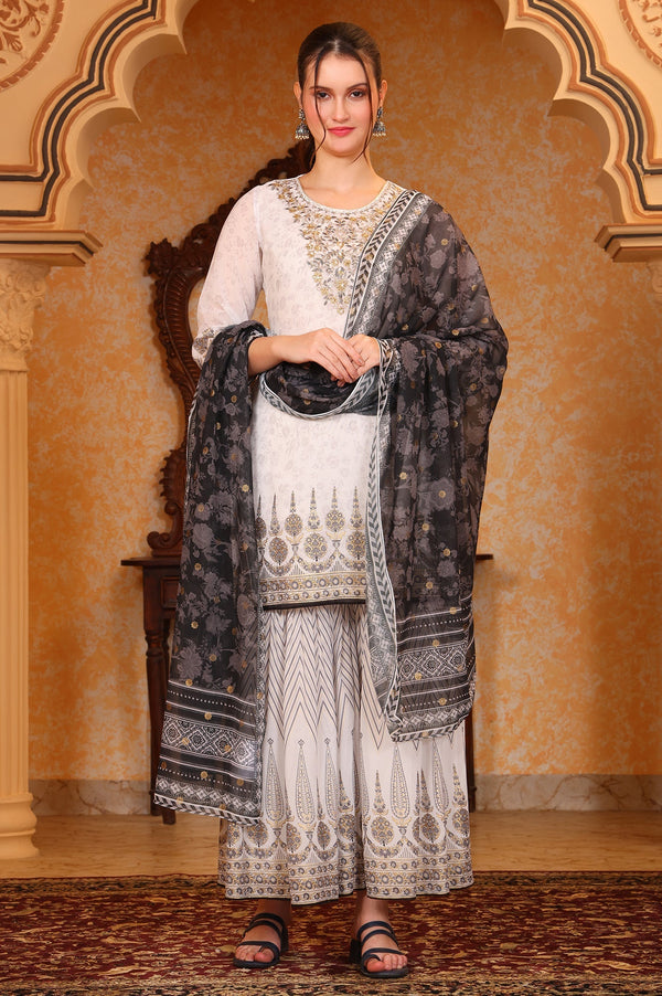 White Abstract Printed Zari Embroidered Straight Kurta, Sharara and Dupatta Set