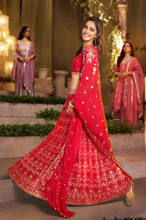 Red Abstract Printed Straight Crop Top and Skirt Set