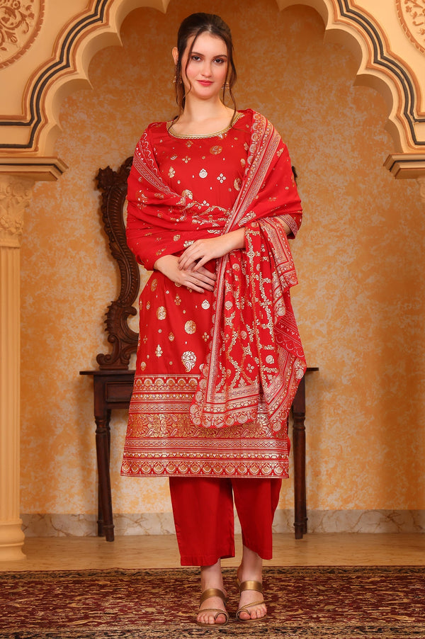 Aurelia Red Abstract Printed Tape Ornamented Straight Kurta, Palazzo and Dupatta Set