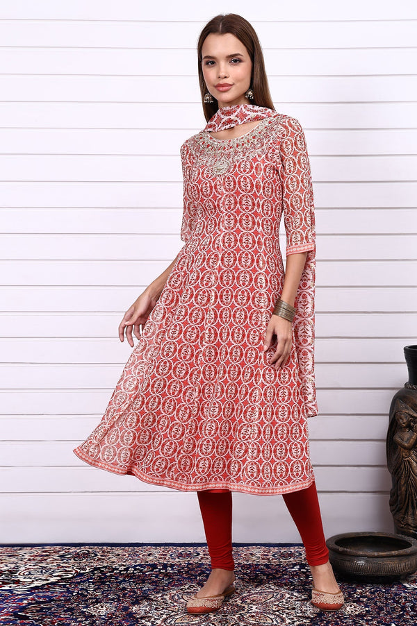 Red Abstract Printed Zari Embroidered Georgette Anarkali Kurta, Leggings and Dupatta Set