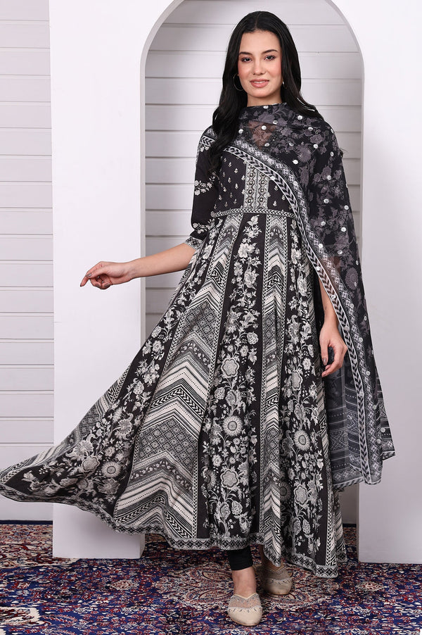 Black Abstract Printed Hand Work Flared Kurta, Leggings and Dupatta Set