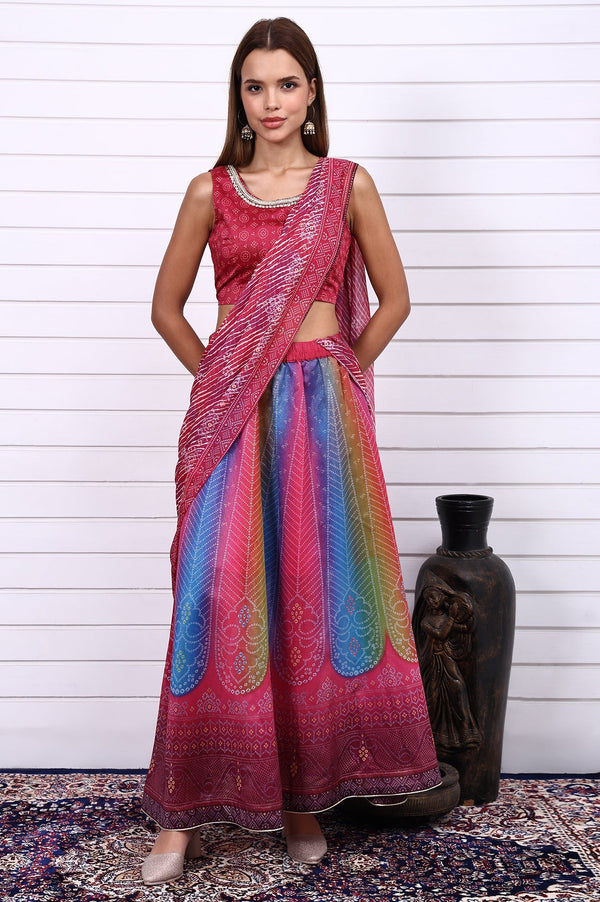 Magenta Bandhni Printed Sequins Tissue Straight Crop Top, Flared Skirt and Dupatta Set