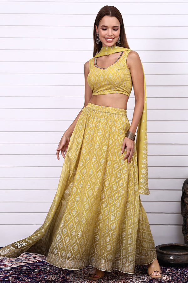 Lime Green Digital Printed Beads Straight Crop Top, Flared Skirt and Dupatta Set