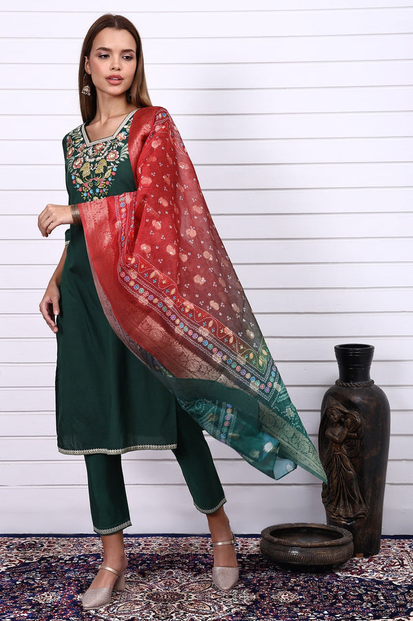 Green Thread Embroidery Straight Kurta, Trousers and Dupatta Set