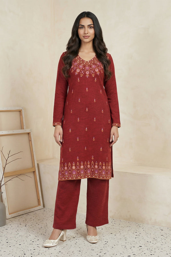 Aurelia Red Acrylic Straight Kurta with Palazzo Co-ord Set for Winter