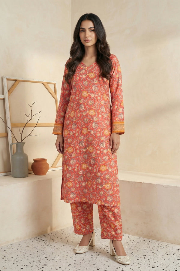 Aurelia Coral Floral Print Straight Kurta with Palazzo Co-ord Set