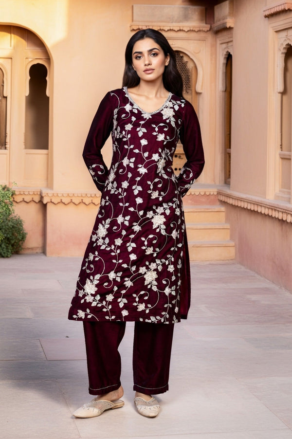 Aurelia Maroon Embroidered Beaded Straight Velvet Kurta with Palazzo