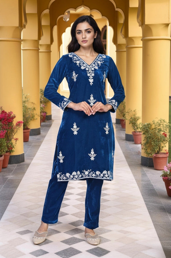 Aurelia Blue Solid Embroidered Thread Work Straight Velvet Kurta with Trouser