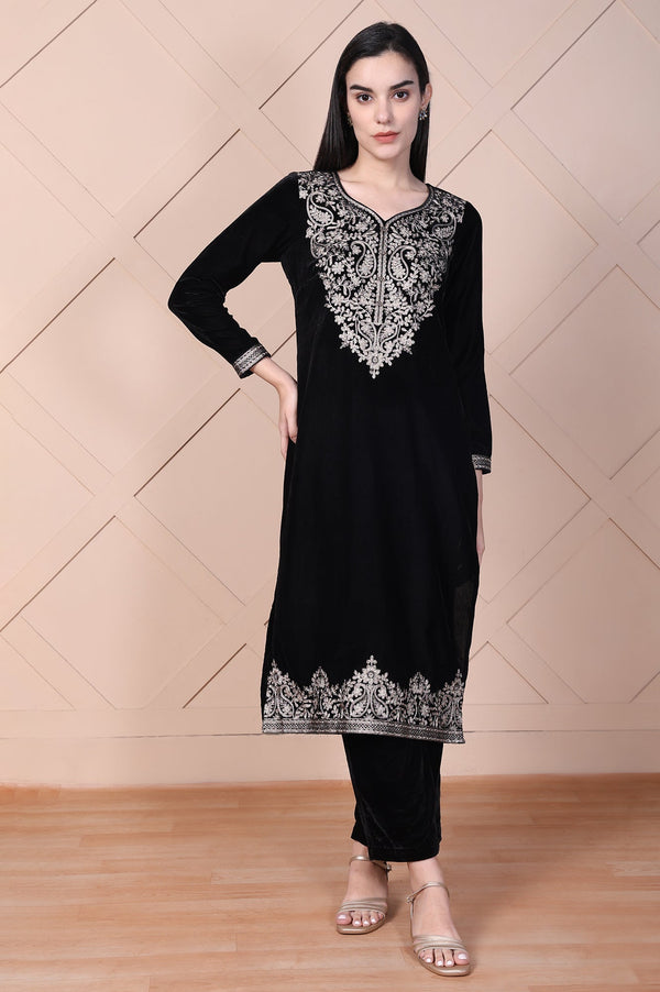 Aurelia Black Embroidered Acrylic Straight Kurta and Palazzo Winter Co-ord Set