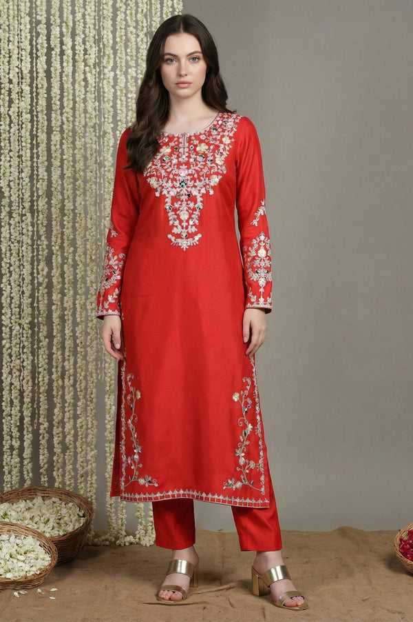 Aurelia Red Acrylic Blend Straight Kurta with Trouser Set