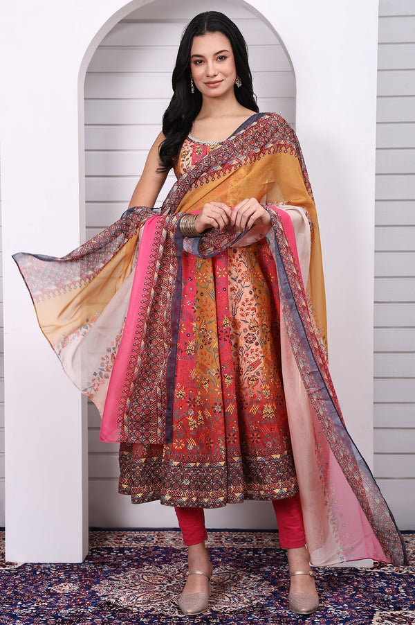 Multicolor Abstract Printed Beaded Anarkali Kurta, Leggings and Dupatta Set