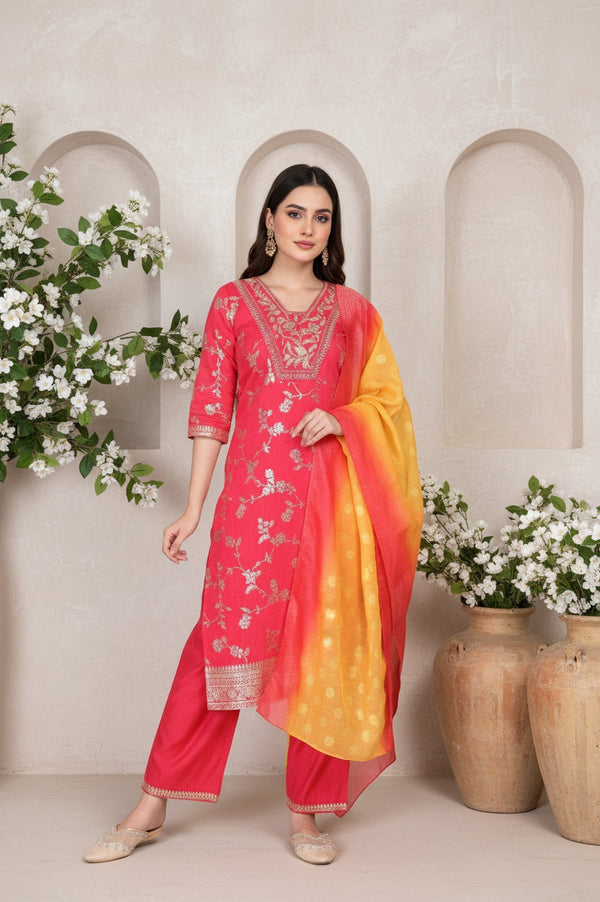 Pink Dori Embroidered Jacquard Straight Rayon Kurta with Palazzo and Dupatta Set