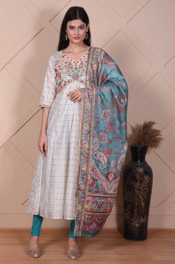 White Floral Printed Embroidered Flared Kurta, Leggings and Dupatta Set