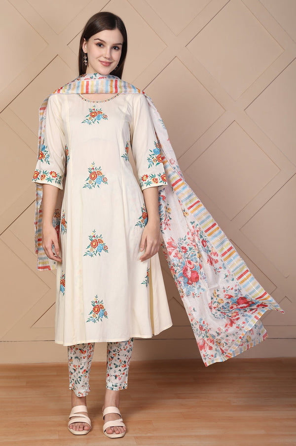 Aurelia Off-White Embroidered A-Line Cotton Kurta with Trouser and Dupatta Set