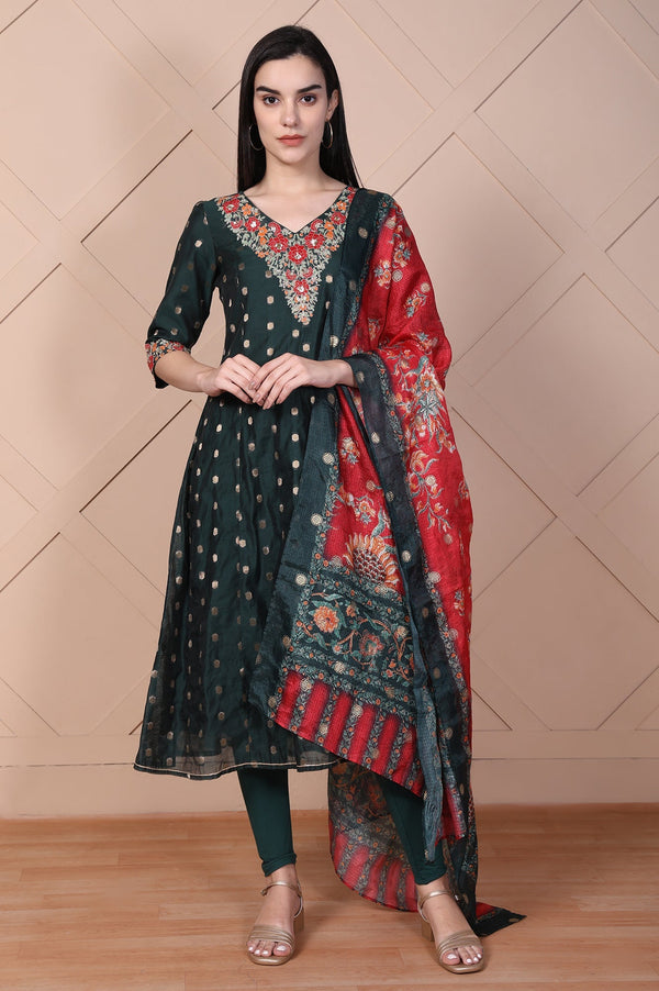 Aurelia Green Embroidered A-Line Silk Blend Kurta with Legging and Dupatta Set