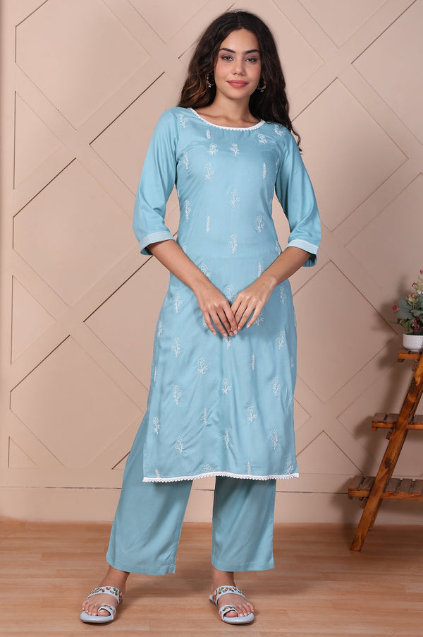 Blue Embroidered Straight Rayon Kurta with Trouser Set