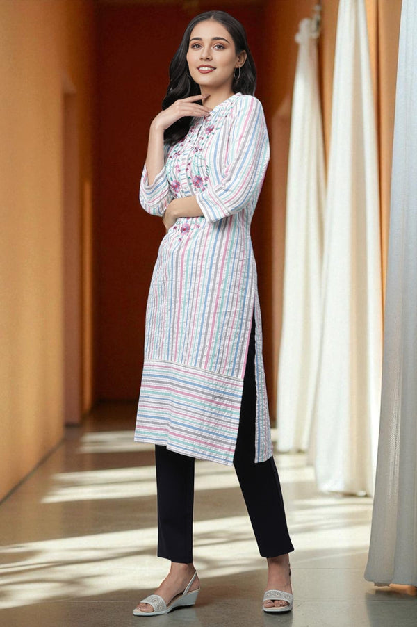 Aurelia Multi-coloured Stripe Printed Textured Cotton Embroidered Kurta - Do not Live