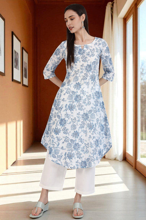 White Floal Printed Swiss Dot Cotton A-line Kurta and Trousers Set