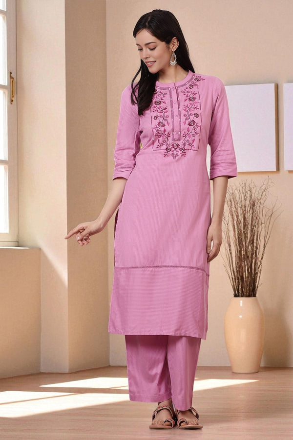 Pink Embroidered Yoke Pure Cotton Straight Kurta and Pants Set