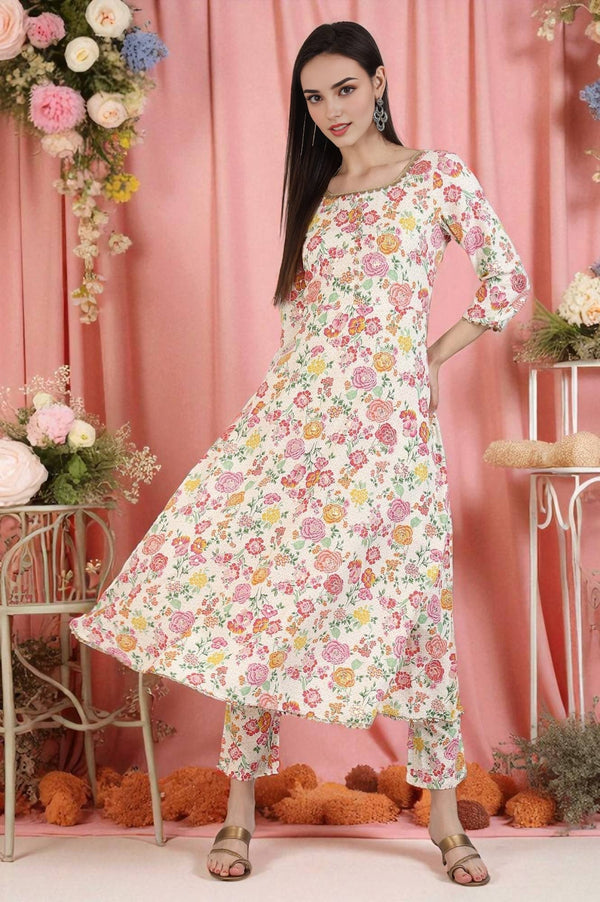 Off-White Floral Printed Embellished Flared Kurta and Trousers Co-ord Set