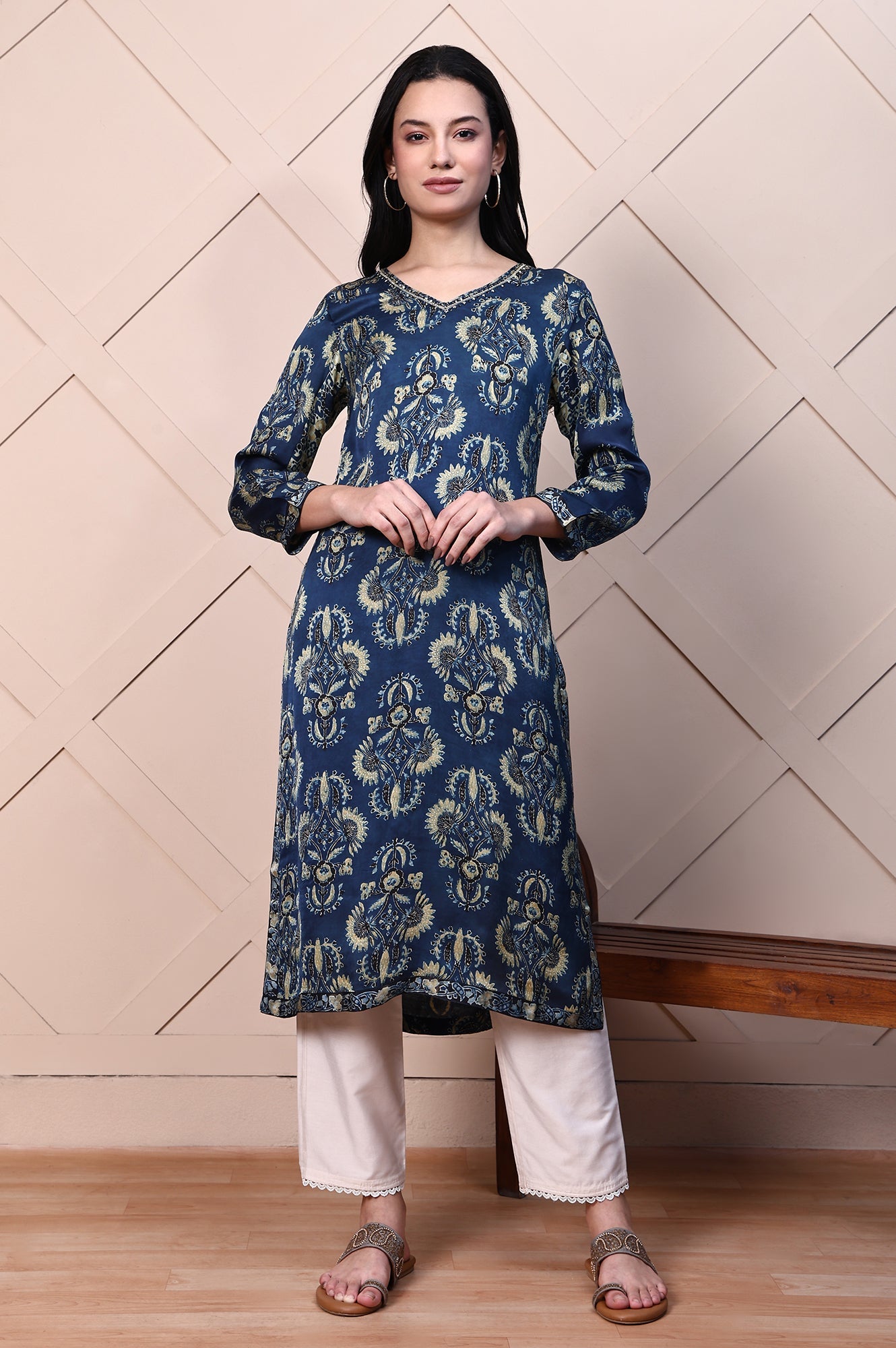 Blue Ajrak Printed Satin Straight Kurta with Sequin Work
