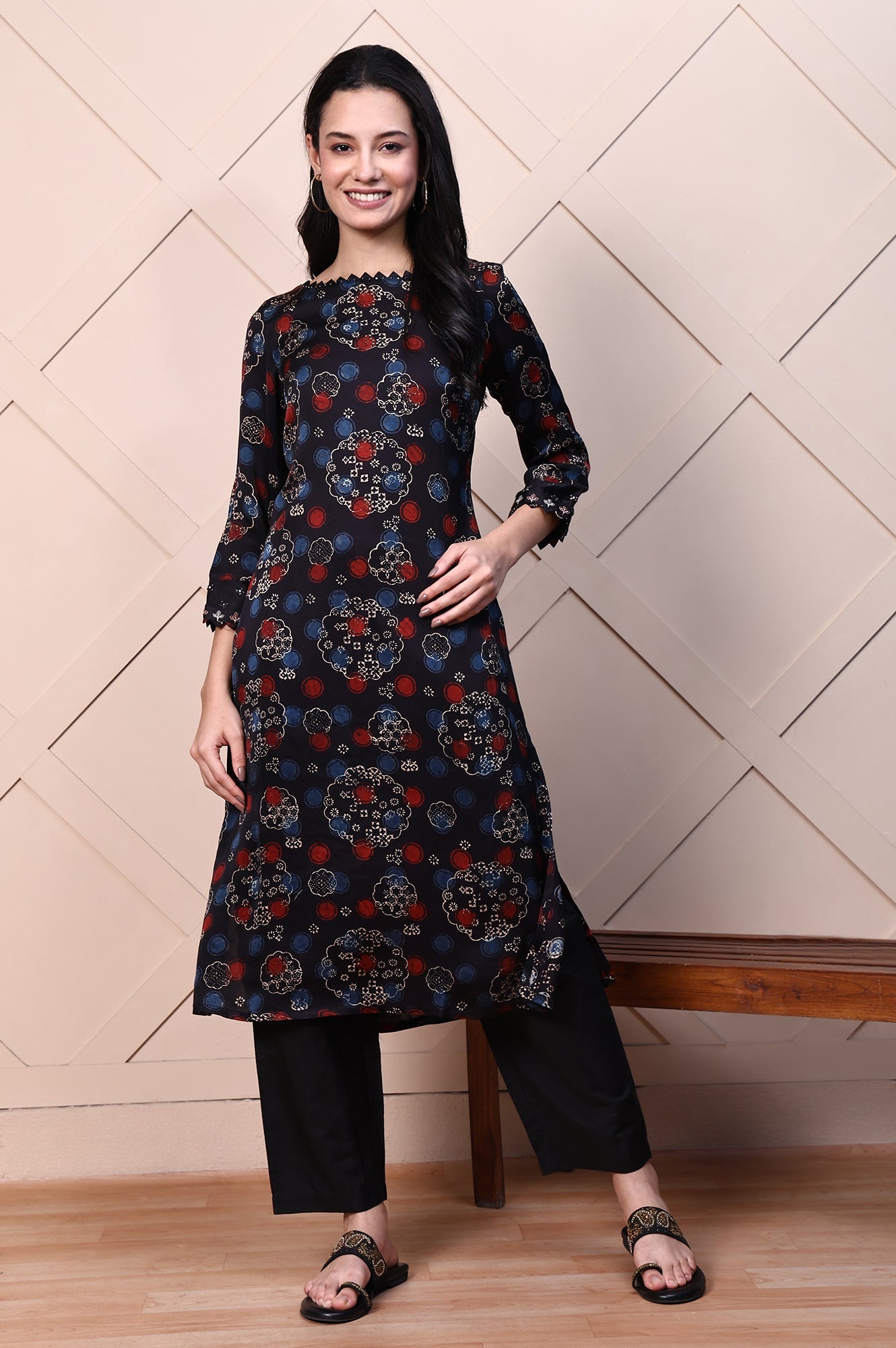 Black Ajrak Printed Satin A-line Kurta with Thread Embroidery