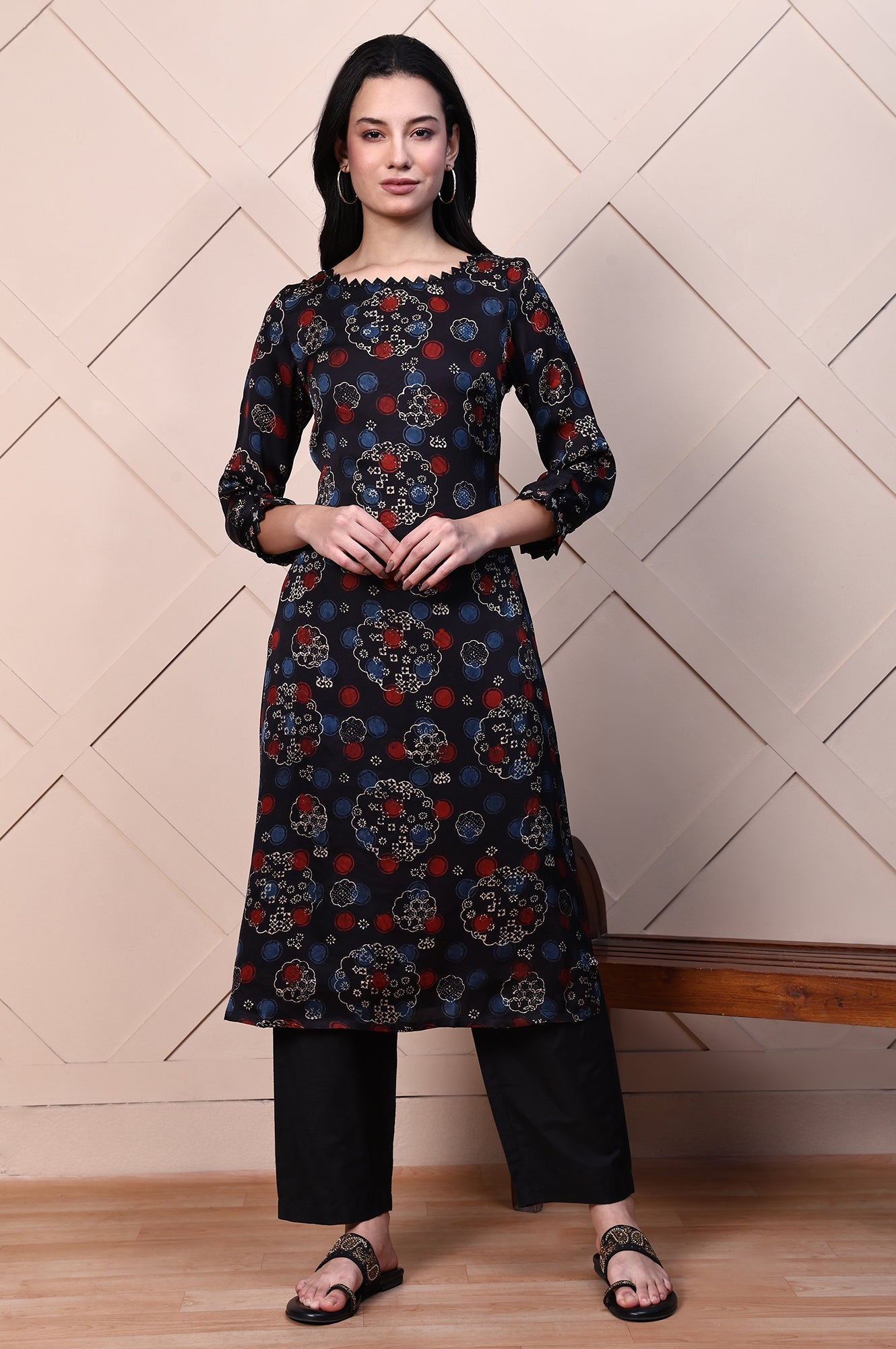 Black Ajrak Printed Satin A-line Kurta with Thread Embroidery