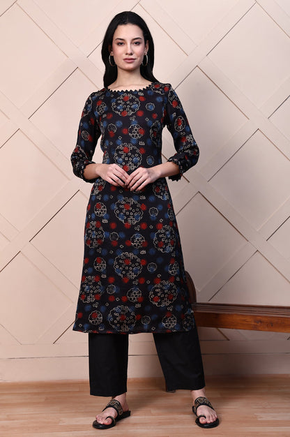 Black Ajrak Printed Satin A-line Kurta with Thread Embroidery