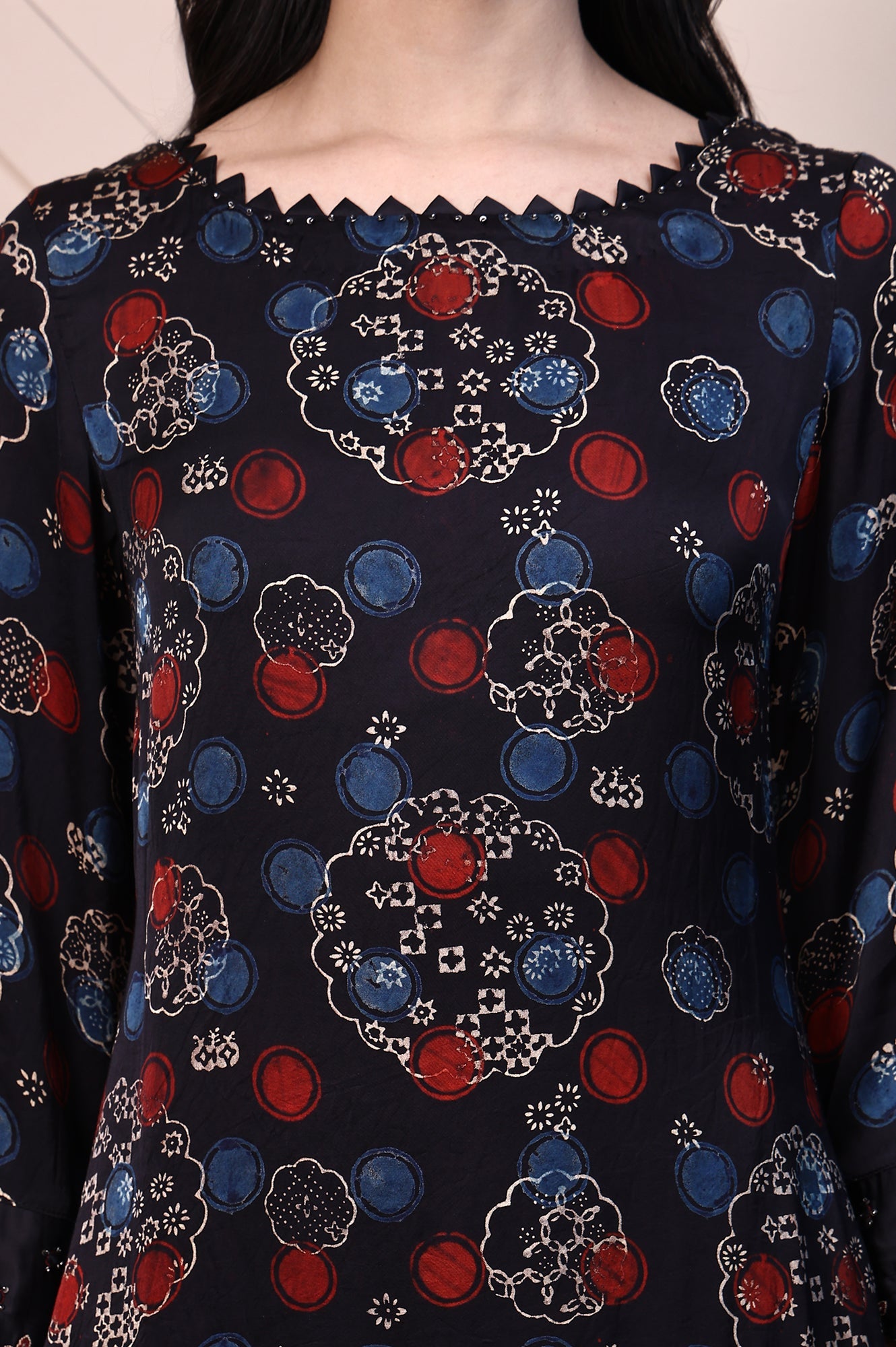 Black Ajrak Printed Satin A-line Kurta with Thread Embroidery