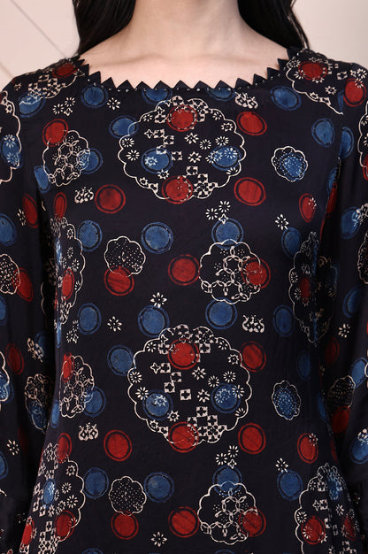 Black Ajrak Printed Satin A-line Kurta with Thread Embroidery