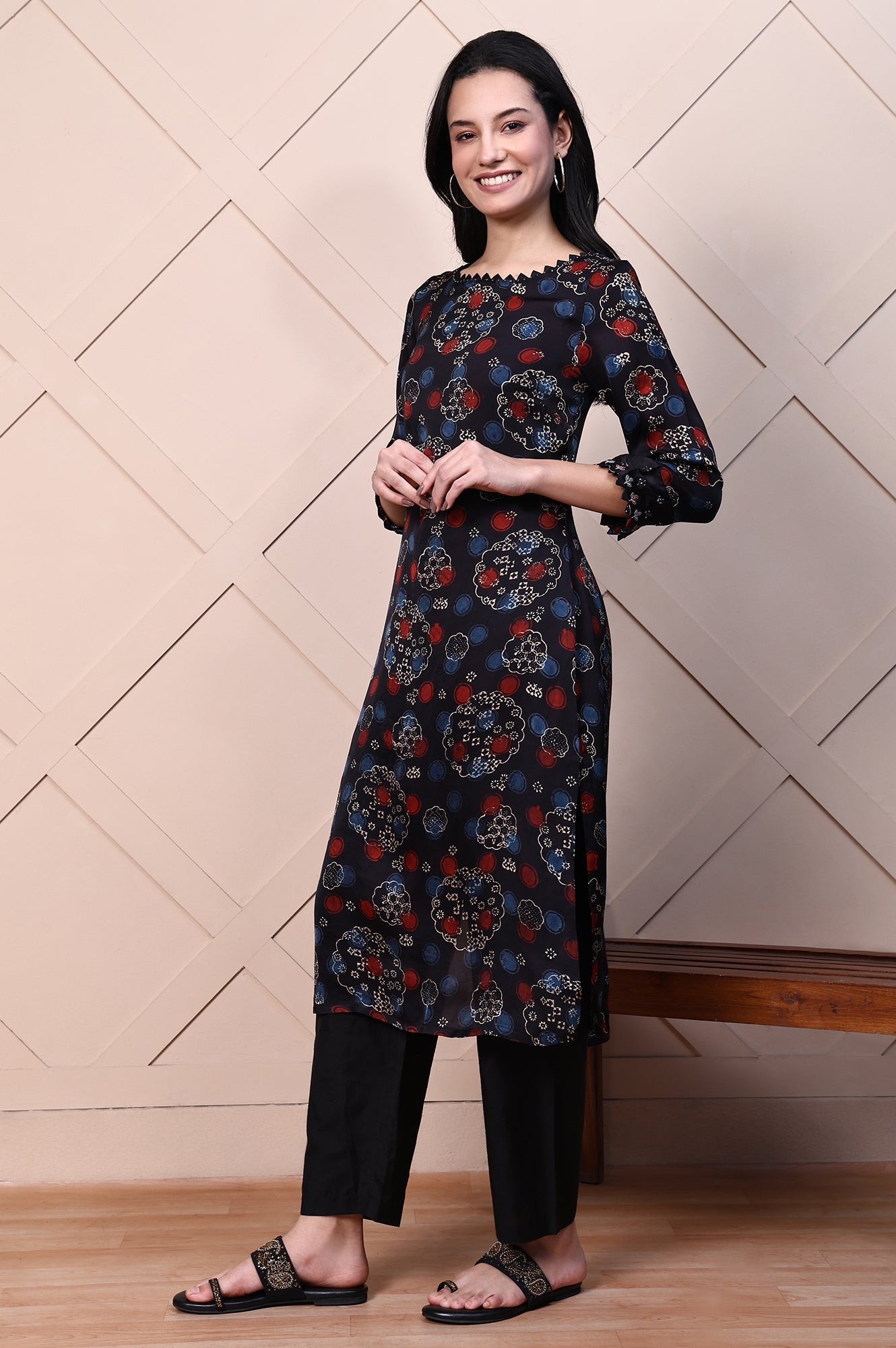 Black Ajrak Printed Satin A-line Kurta with Thread Embroidery